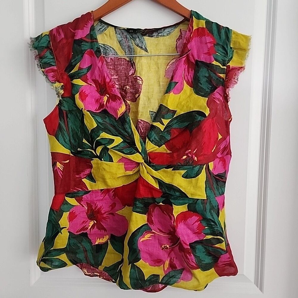 Zara Linen Twist Front Blouse Womens Size M Floral Tropical Colorful V-Neck